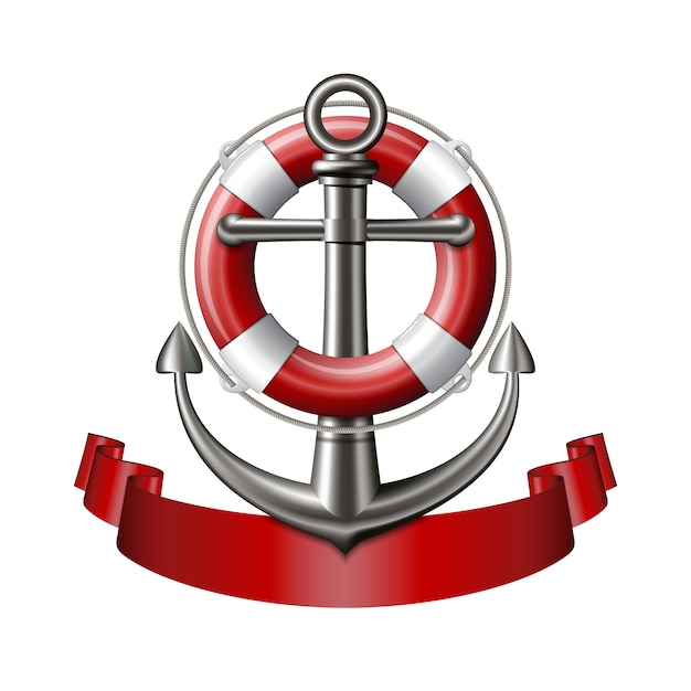 Nautical emblem with an anchor, lifebuoy and red ribbon