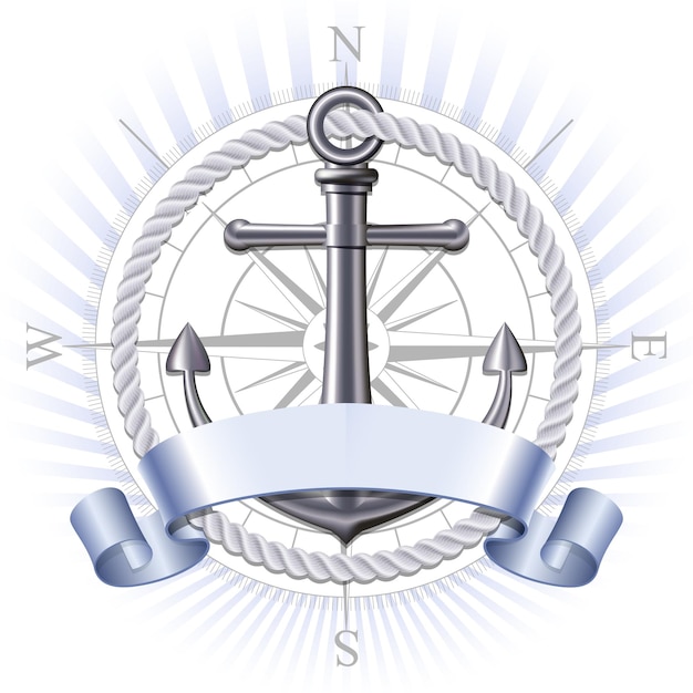 Emblema nautico con ancora in metallo, rosa dei venti e nastro. banner di viaggio estivo marino. illustrazione vettoriale