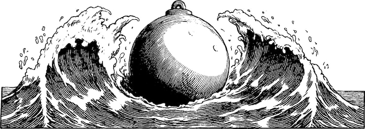 Vector nautical engraving of floating buoy amidst ocean waves for maritime design