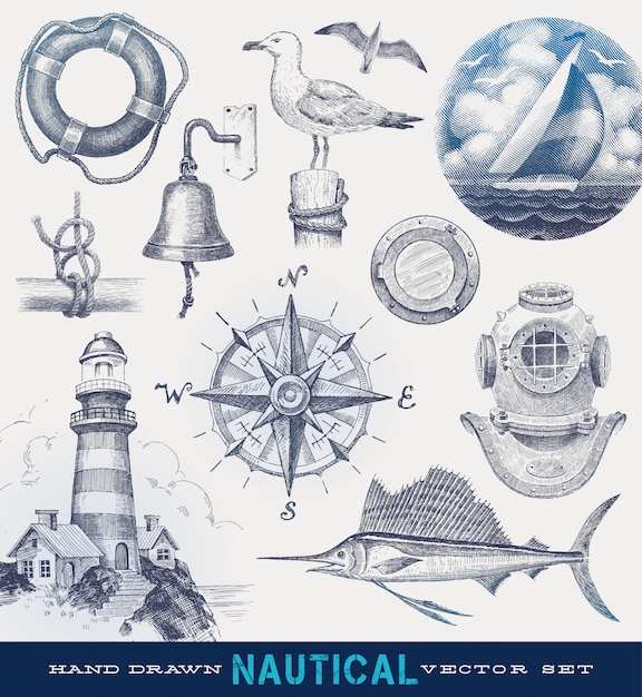 Nautical hand drawn vector set