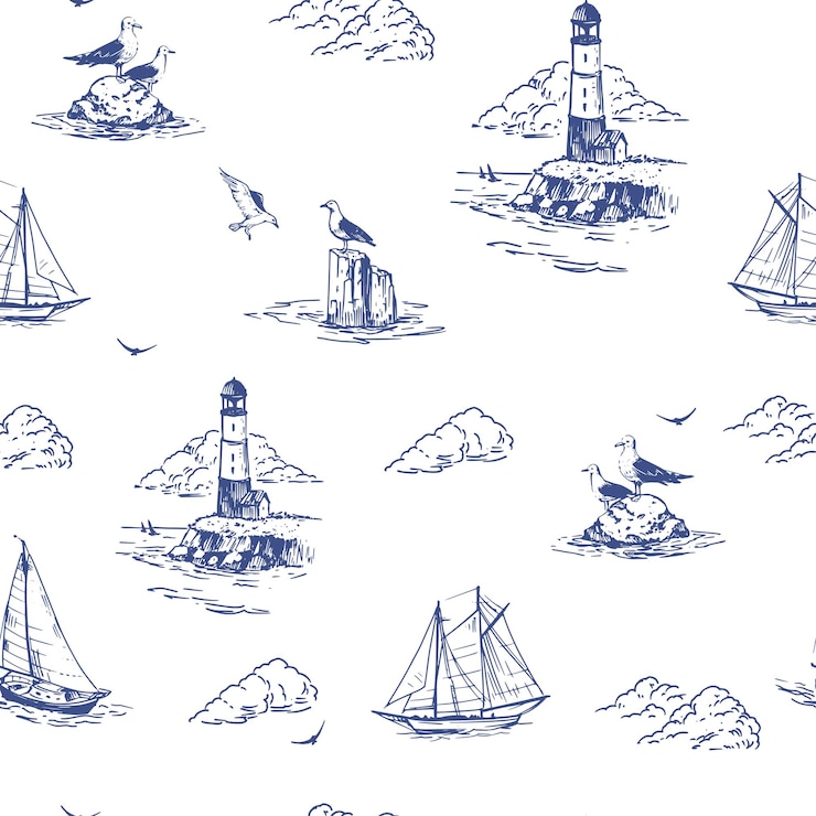 Vector nautical illustration seamless pattern sea yachts lighthouse seagulls realistic sketch hand drawn vector