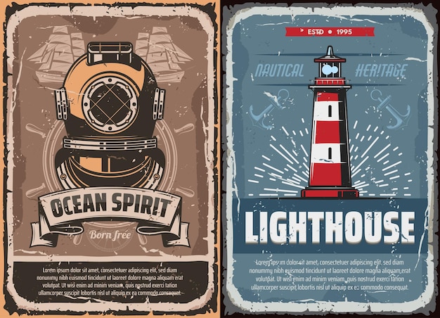 Vector nautical lighthouse and vintage diver helmet