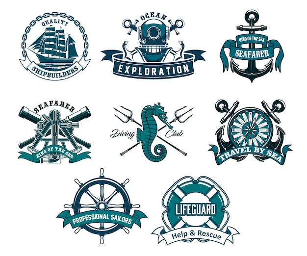Vettore icone araldiche nautiche e marine