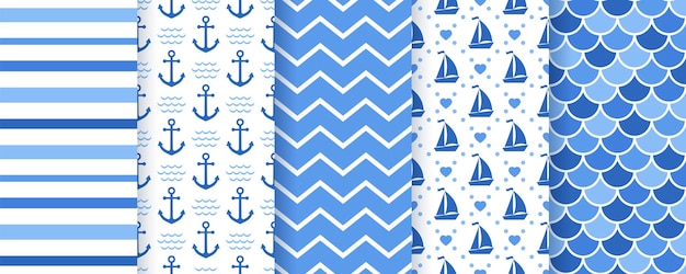 航海、海洋のシームレスなパターン。アンカー、ストライプ、ヨット、ジグザグ、魚の鱗と海の背景。青いテクスチャ