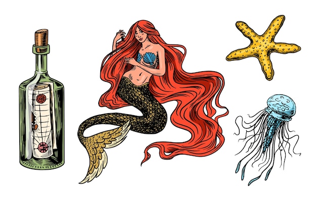 Sirena nautica e bottiglia marina, meduse e onde oceaniche gorgone e medusa disegnato a mano vintage retro monocromatico inciso vecchio schizzo