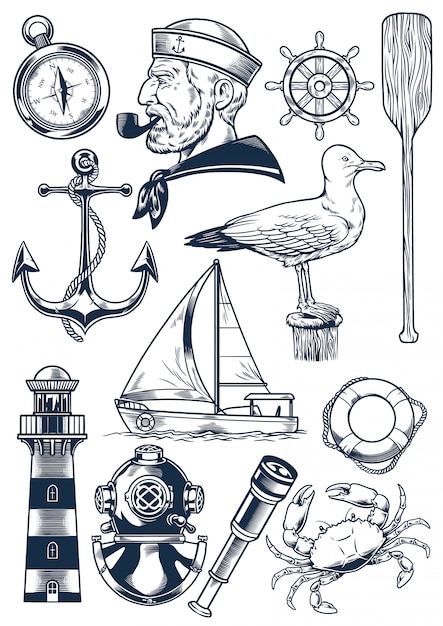 Набор морских объектов в стиле винтаж гравюры