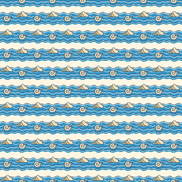 Nautical pattern, marine animals on waves. Summer background. Elegant and luxury style illustration