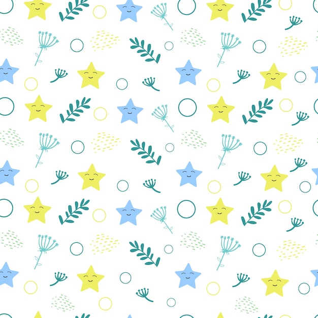 Nautical pattern with starfish and green plants.