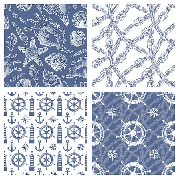 Nautical retro patterns set. sailor and marine style vector illustration.