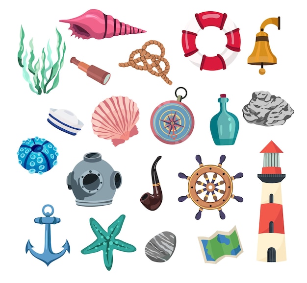 Nautical sea elements set Cartoon lighthouse seashell starfish rope anchor wheel life buoy