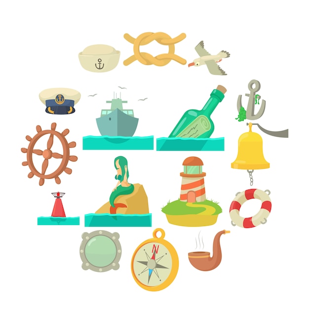 Nautical sea icons set, cartoon style