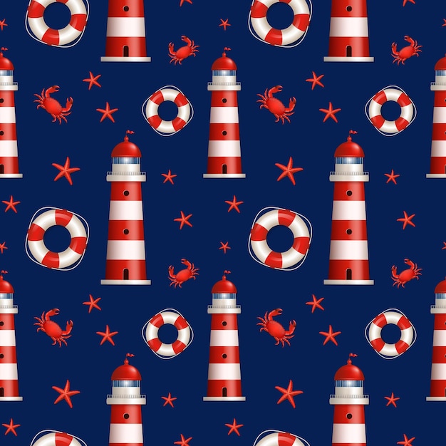 Vector nautical seamless pattern in dark blue, red and white colors.