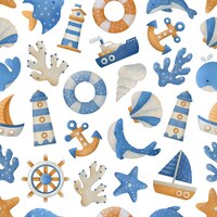 Vector nautical seamless pattern. hand drawn watercolor marine baby background for nursery print, kids fabr
