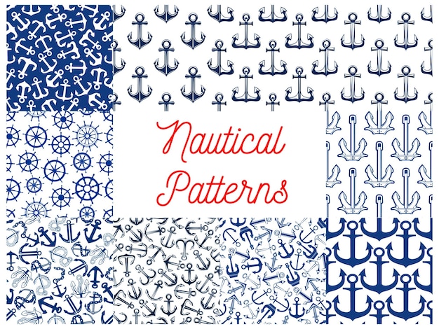 Vector nautical seamless pattern set with anchor and helm