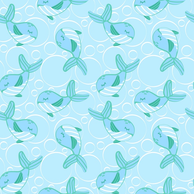 Nautical seamless pattern with blue whale Doodle hand drawn sea animal vector nursery fabric print