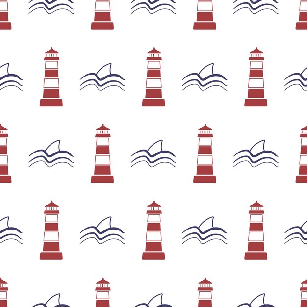 Nautical seamless pattern with lighthouse and shark vector illustration