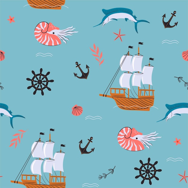 Vector nautical seamless pattern with ships nautiluses starfish marlins vector graphics