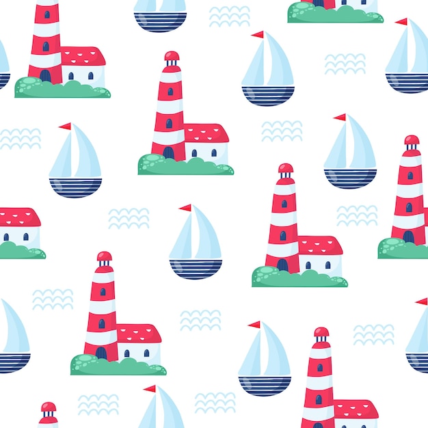nautical seamless vector pattern with sunglasses and ship. bright cartoon illustration for children's greeting card design, fabric and wallpaper.