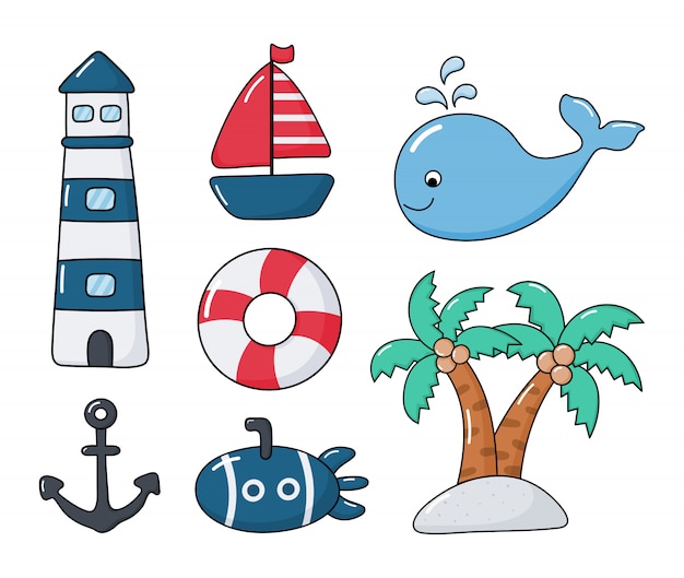 nautical set cartoon style. isolated