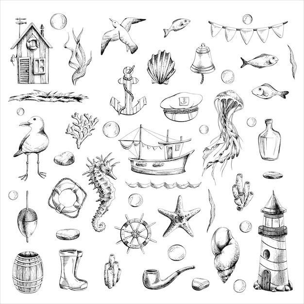 Nautical set with ship lighthouse underwater animals and various elements Black and white handdrawn illustration in graphic technique Isolated vector objects in EPS format For design