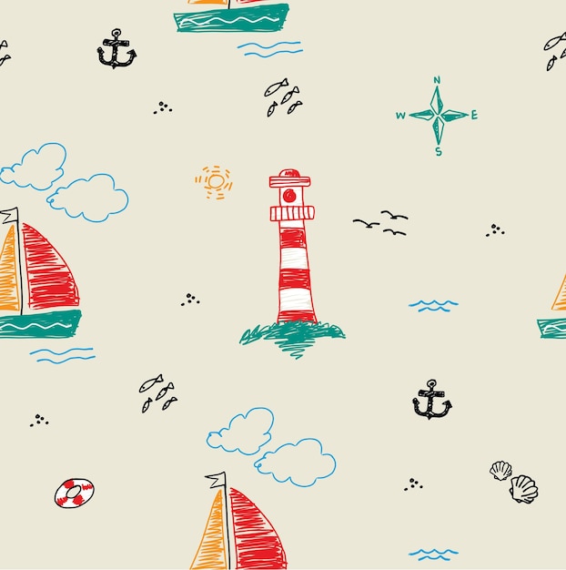 nautical sketch illustration with sailboats lighthouses and marine elements