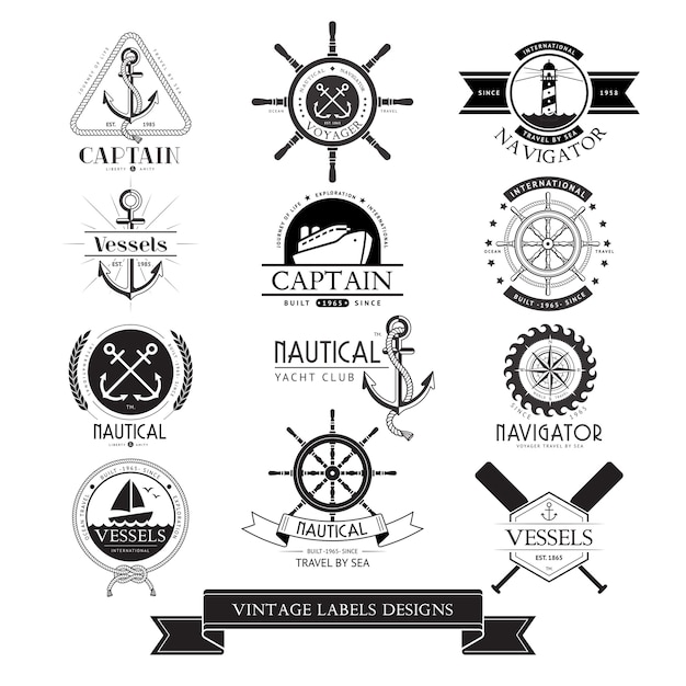 Vector nautical vessels vintage labels, icons and design elements.