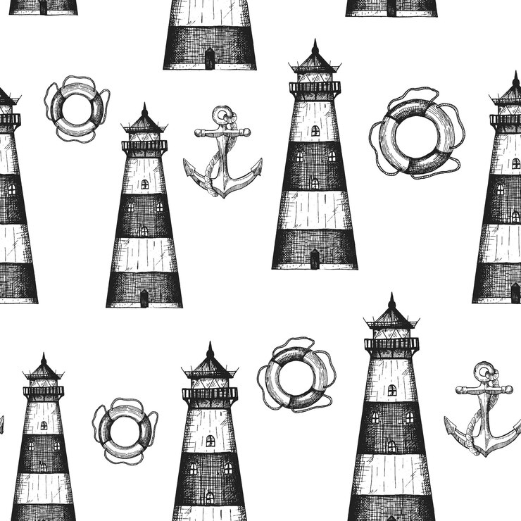 Vector nautical vintage background lighthouses seamless pattern hand drawn vector illustration retro lighthouse design engraved style