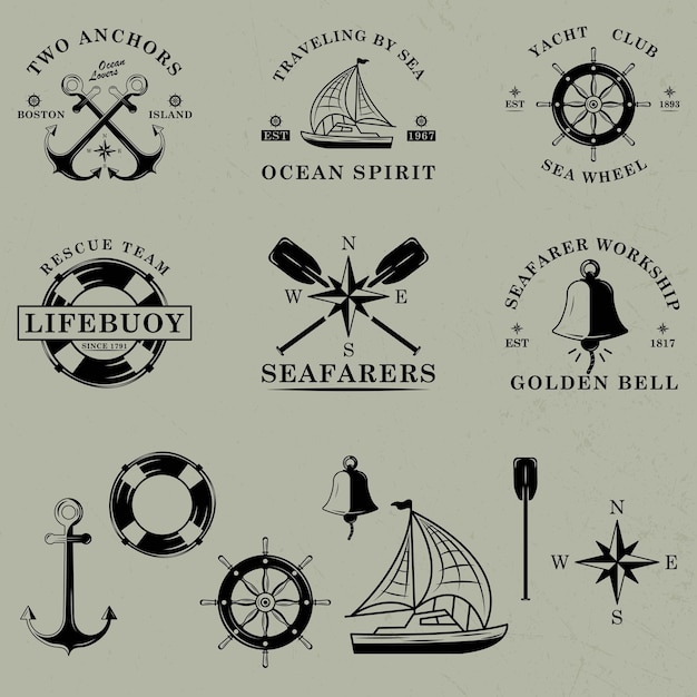Вектор Морской винтажный набор логотипов морские эмблемы для дизайна баннера футболки векторная иллюстрация