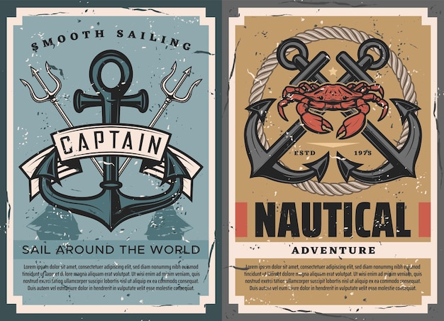 Vector nautical vintage posters with ship anchors