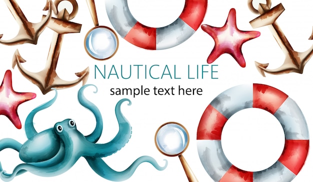 Nautical watercolor card with starfish, shell, octopus, anchor, magnifier and life preserver