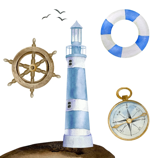 Nautical watercolor set of wooden steering wheel blue lighthouse and buoy gold metal compass