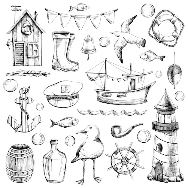 Vector nautische reeks illustraties geïsoleerd op een witte achtergrond van een vuurtoren een boot een vissershuis zeemeeuwen een anker een roer en een reddingsboei handgetekend in een grafische eps-vectorillustratie