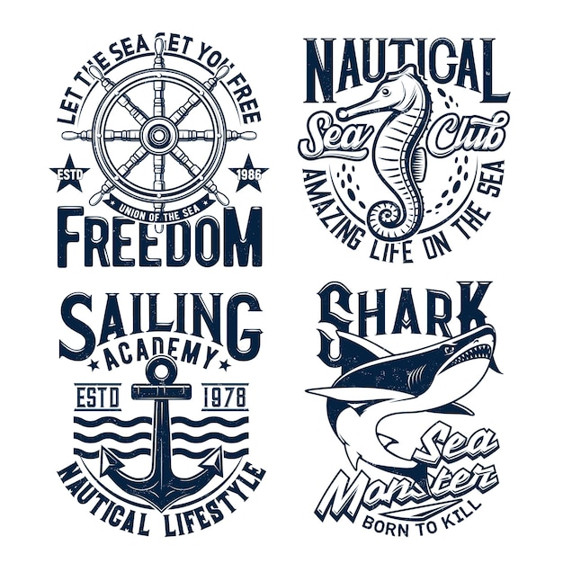 Nautische t-shirtafdrukken, anker van mariene zeeclub vectorgolven en scheepsroer. marine zeilacademie en zeevarende badges en slogans met zeemonsterhaai, zeepaardje, zeevarende anker en sterren