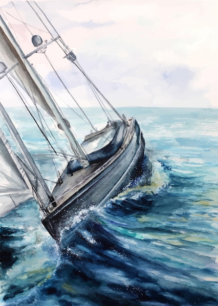 Nautische zee jacht aquarel illustratie sport zomer landschap oceaan