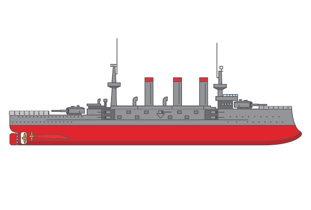 Морской линкор с орудиями. Военный паровой корабль с артиллерией в башнях.