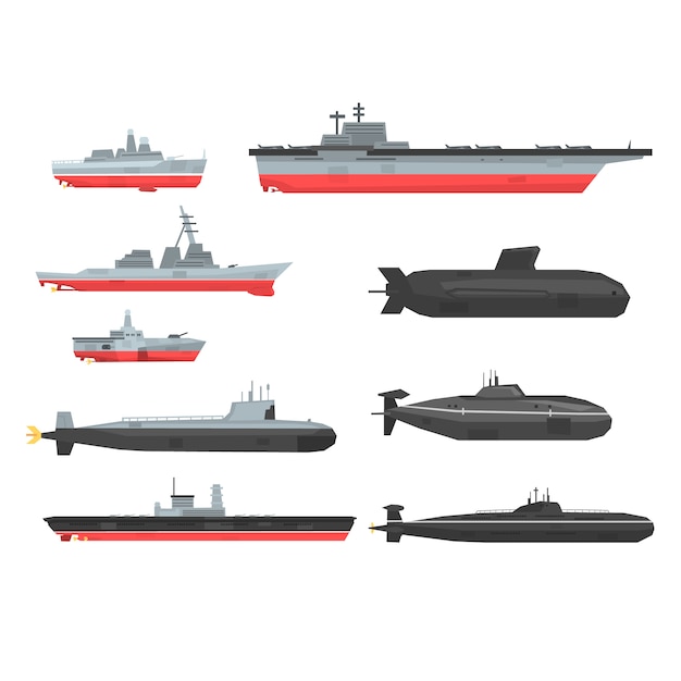 Naval combat ships set, military boats, ships, submarine  Illustrations on a white background