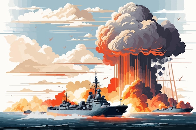 Vector naval invasion nuclear bombing illustration