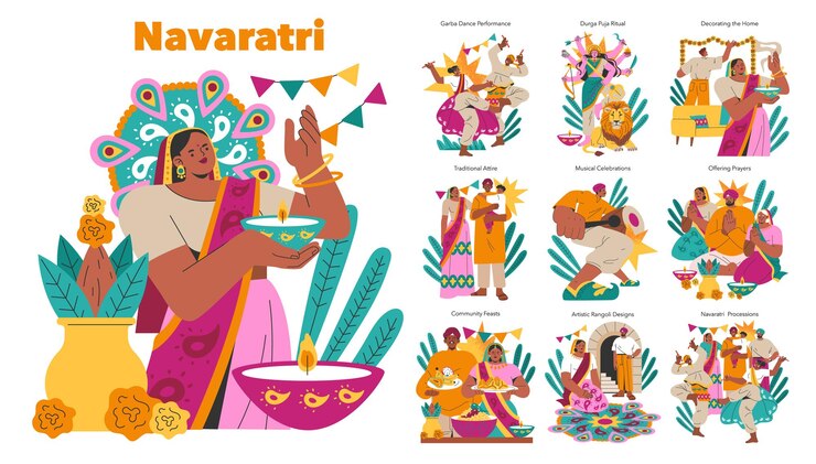 Вектор navaratri set hindu festival celebration with rituals dance and colorful cultural moments festive