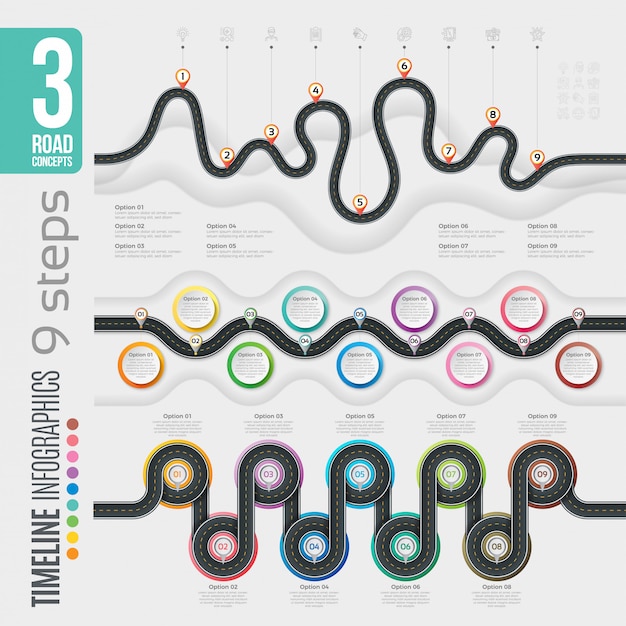 Vector navigatie 9 stappen tijdlijn infographics