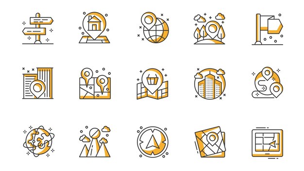 Navigatie-iconen ingesteld in contour stroke ontwerp voor het web Pack lijn pictogrammen met richting wegwijzer thuis locatie pin wereldbol bos kantoor kaart huis route kompas andere vector illustratie