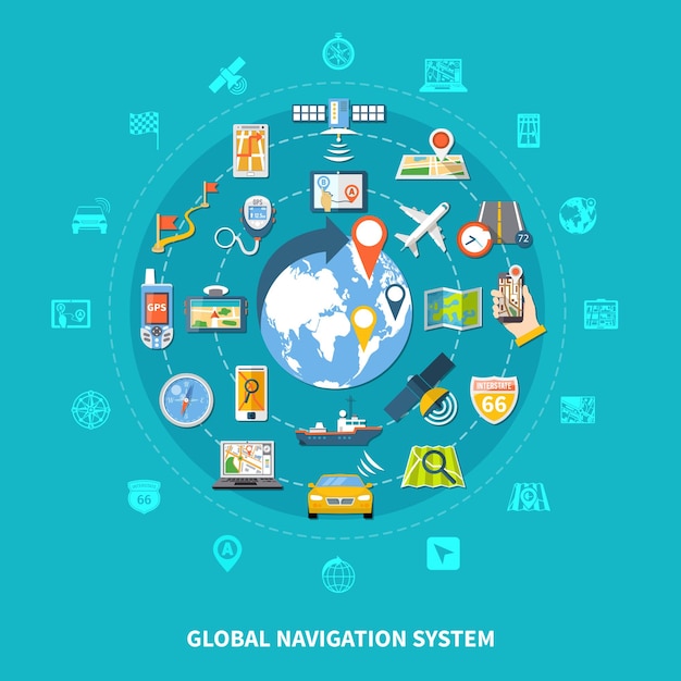 Navigatie ronde compositie met set van geïsoleerde emoji-stijl wereldwijde positioneringspictogrammen kleurrijke afbeeldingen en pictogrammen