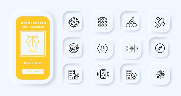 Navigatie set icoon Kompas stoplicht fietser satelliet navigator radar bestemming locatie verkeersregels concept UI telefoon app scherm Vector pictogram voor Business en reclame