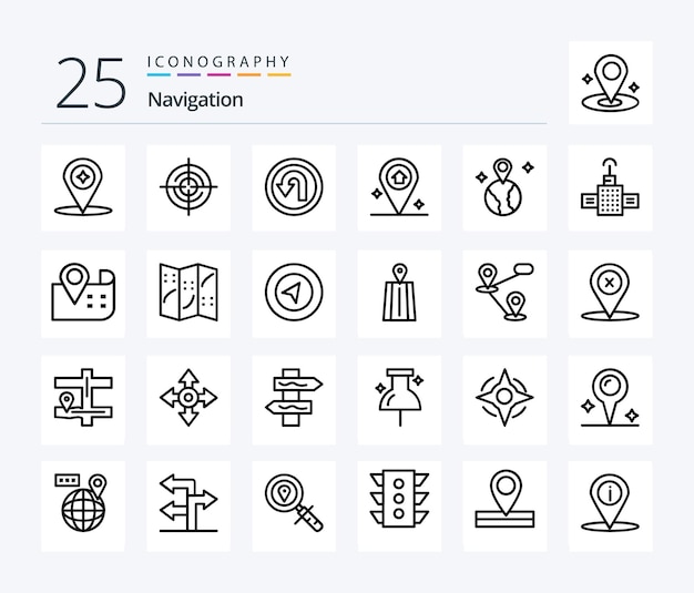 Navigation 25 line icon pack including location world arrow house map