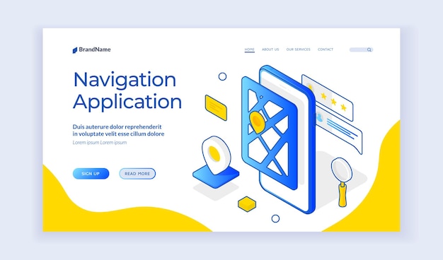 Навигационное приложение. изометрические веб-баннер о навигационном мобильном программном обеспечении. приложение для смартфона для глобальной системы позиционирования и отслеживания. шаблон целевой страницы