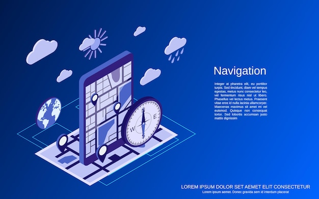 Illustrazione di concetto di vettore isometrico piatto 3d di navigazione