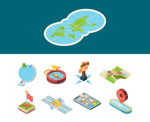 Navigation isometric icon. map road smart navigator and sign route direction boards compass and navigation methods vector set. isometric web location, marker 3d destination illustration