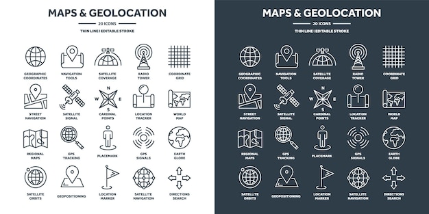 Vector navigation map and geolocation gps positioning coordinate grid quadrants cardinal points location finder travel route and waypoints planning thin line web icons set vector illustration