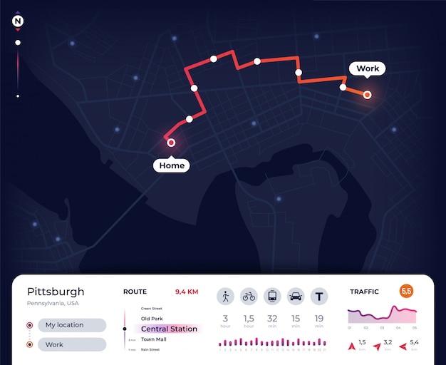 네비게이션 맵. 지도 계획, 거리 계획 추적 Gps 도시 네비게이터 Ui. 로드맵 앱 디자인