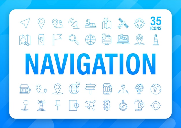 Set di icone della linea di navigazione e mappa. illustrazione di riserva di vettore.