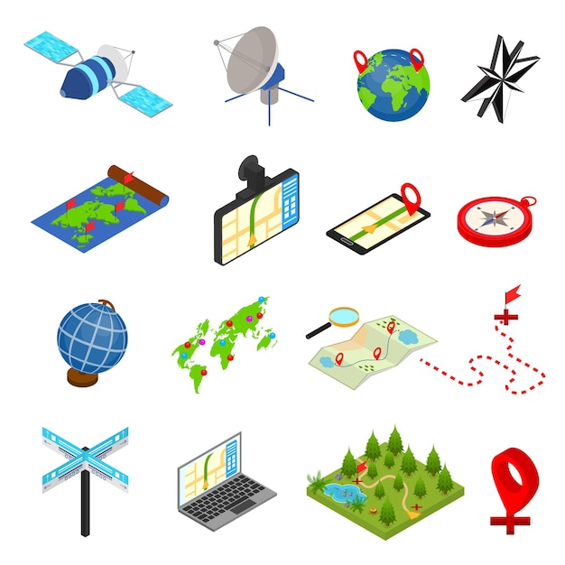 Navigation Methods Tools Signs 3d Icons Set Isometric View Include of Map and Compass Vector illustration of Icon